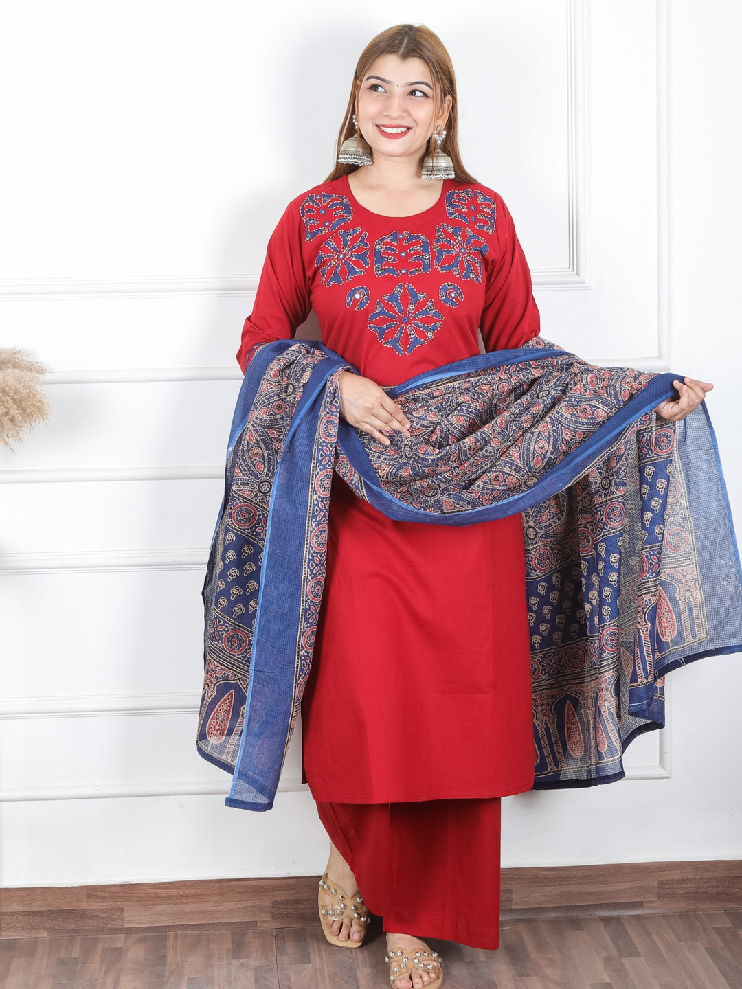 Sanskriti Cherry Red Applique Printed Patch Work on Neck Cotton 3 PIece Set