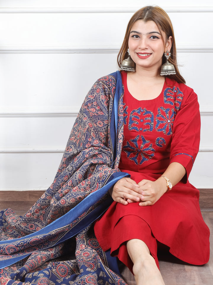 Sanskriti Cherry Red Applique Printed Patch Work on Neck Cotton 3 PIece Set
