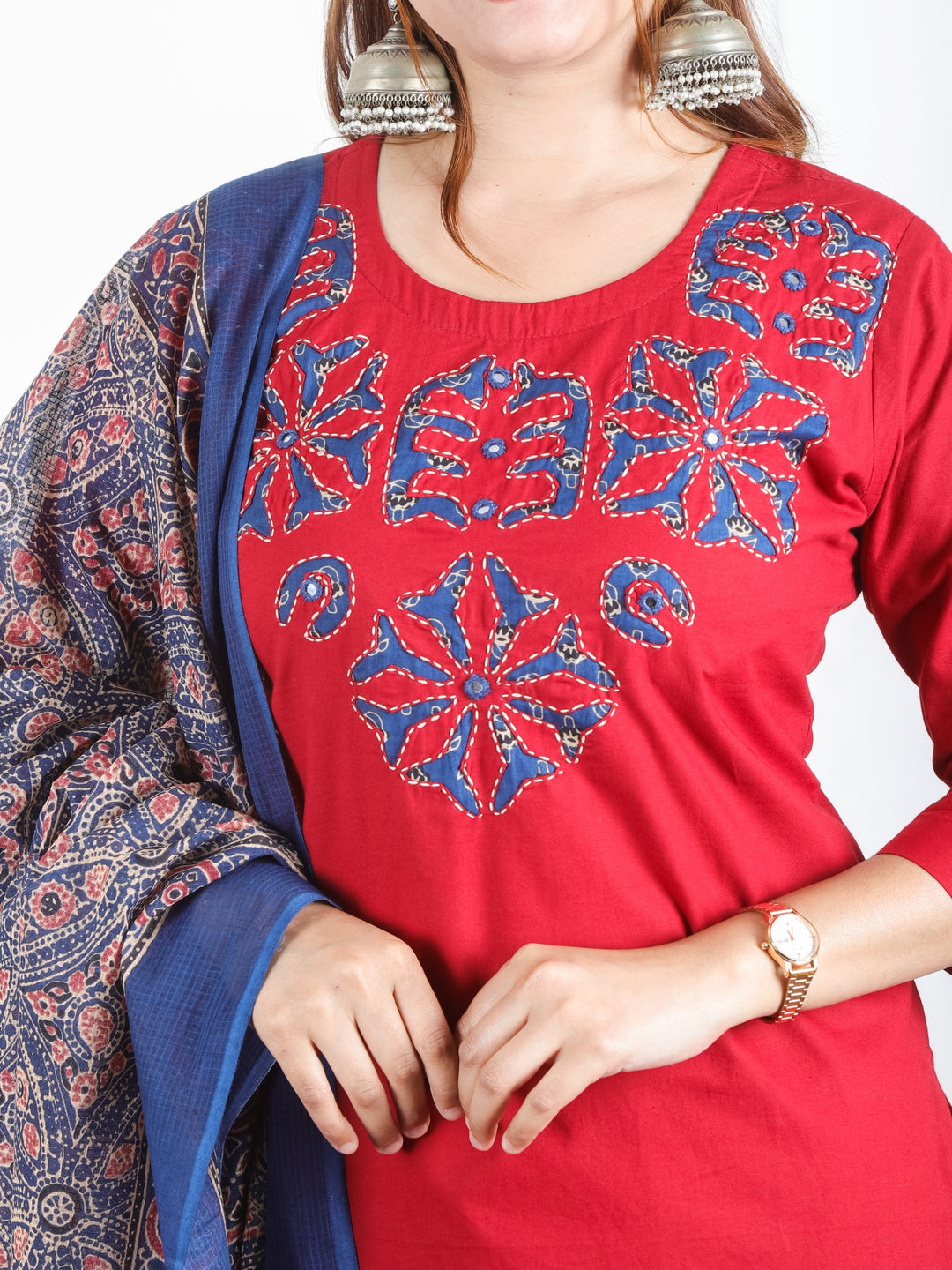 Sanskriti Cherry Red Applique Printed Patch Work on Neck Cotton 3 PIece Set