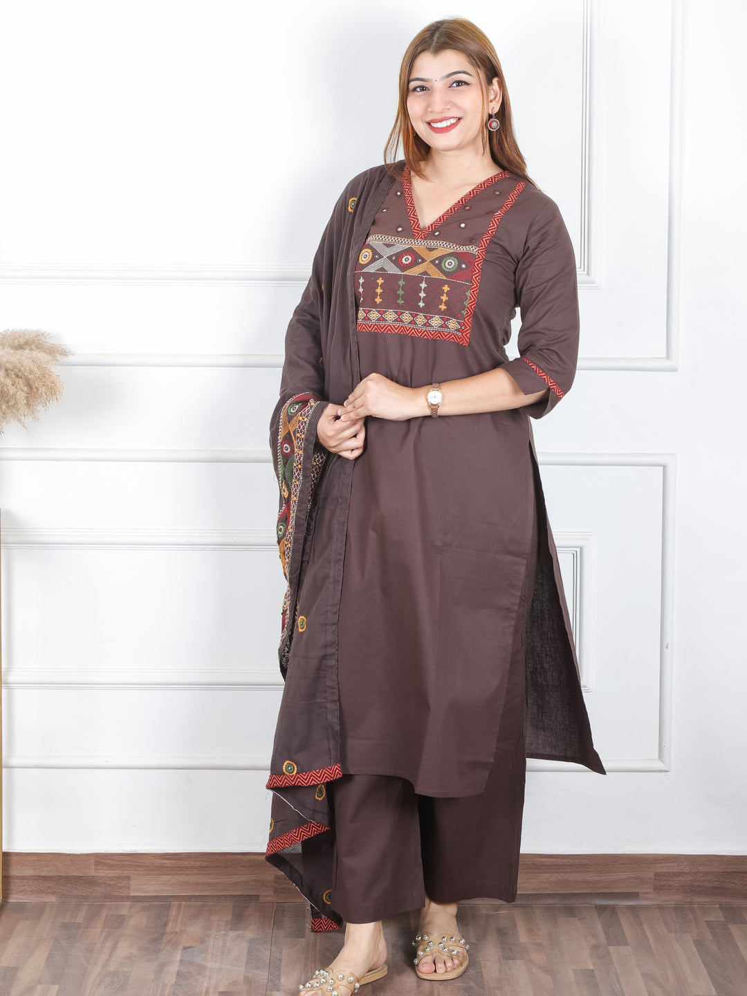 Roshni Choco Brown Thread Embroiered Neck with Patra Detailing Cotton 3 Piece Set