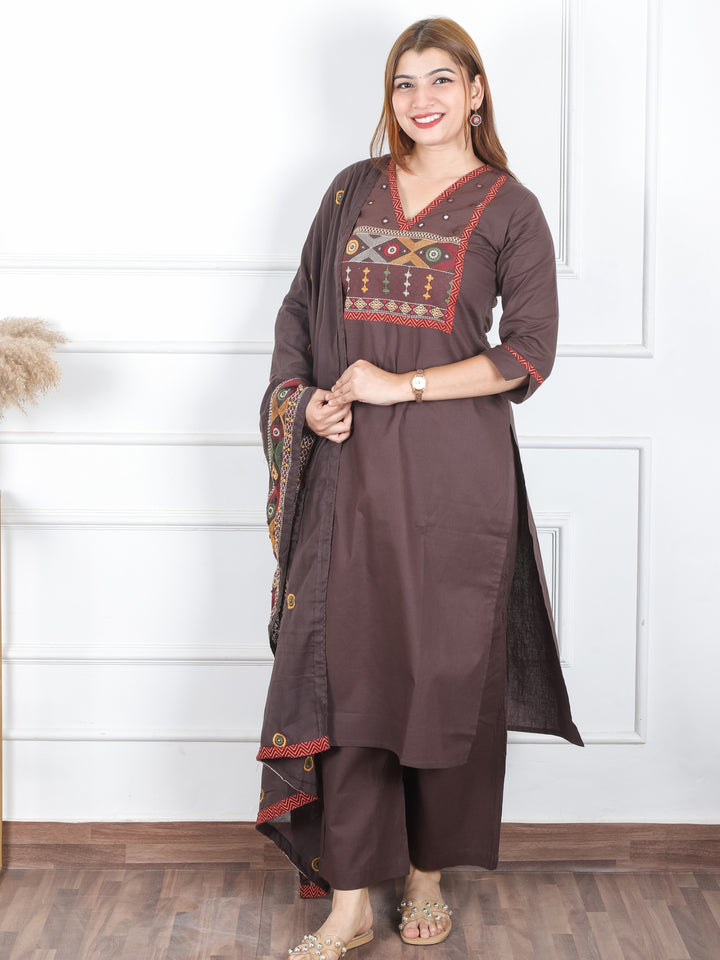 Roshni Choco Brown Thread Embroiered Neck with Patra Detailing Cotton 3 Piece Set