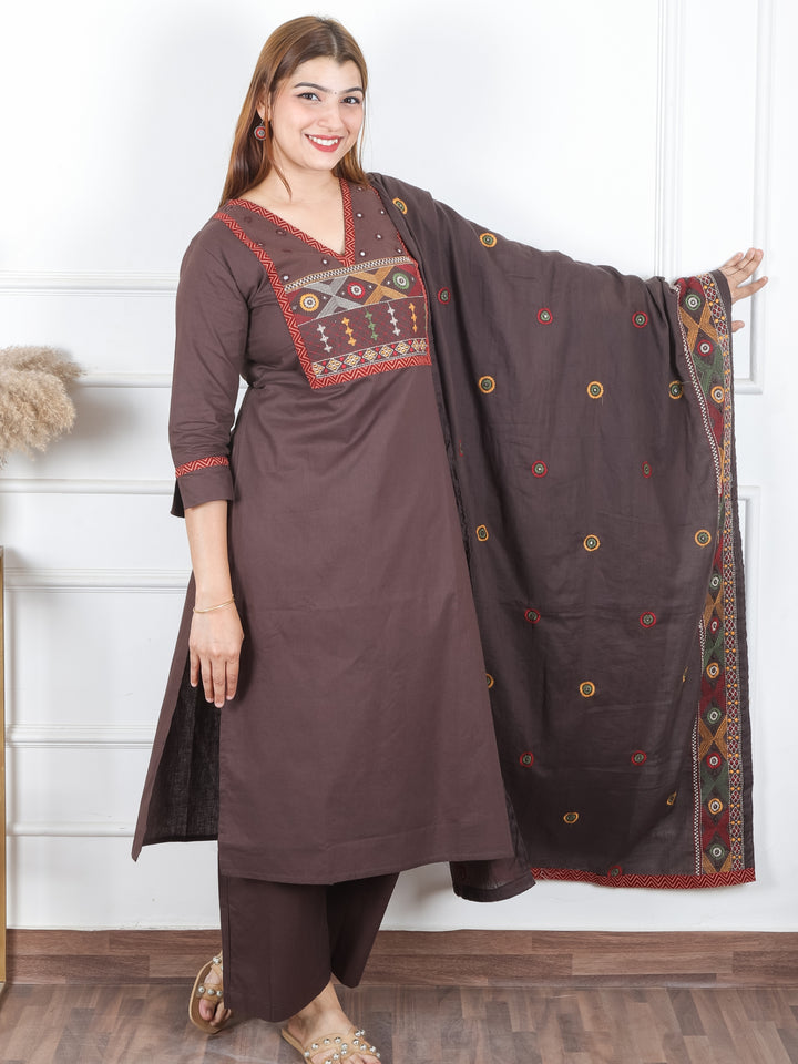 Roshni Choco Brown Thread Embroiered Neck with Patra Detailing Cotton 3 Piece Set