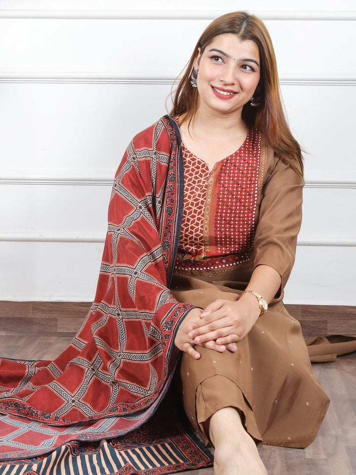 Arya Hazel Brown Printed Patch with Patra Work Detailing Modal 3 Piece Set D2