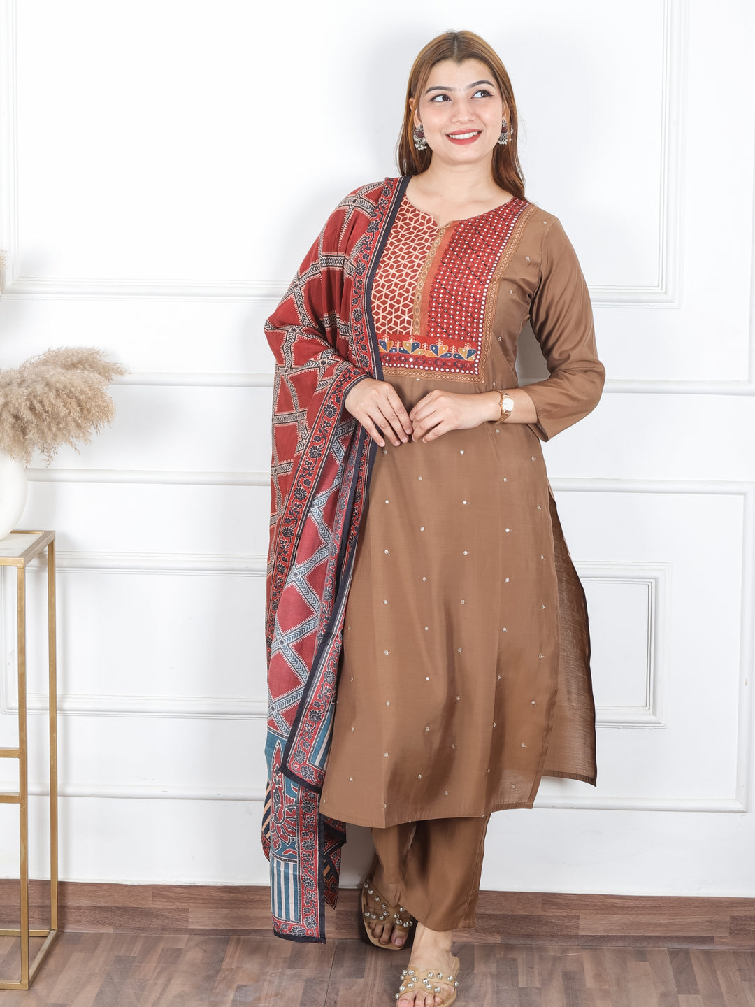 Arya Hazel Brown Printed Patch with Patra Work Detailing Modal 3 Piece Set D2
