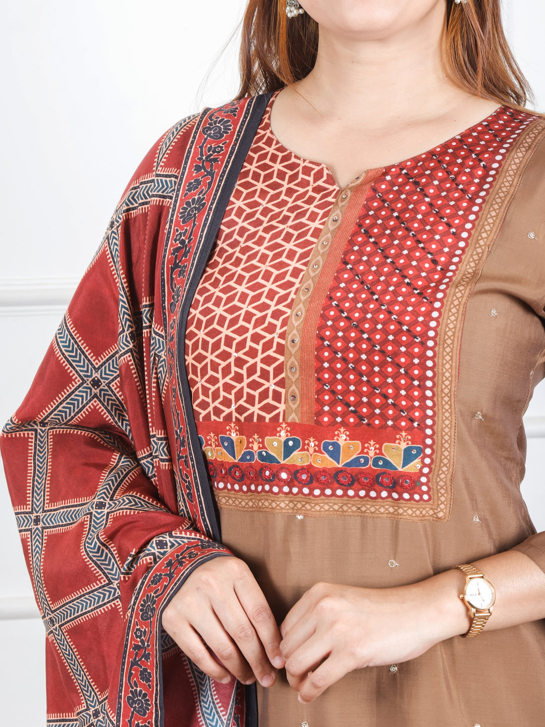 Arya Hazel Brown Printed Patch with Patra Work Detailing Modal 3 Piece Set D2