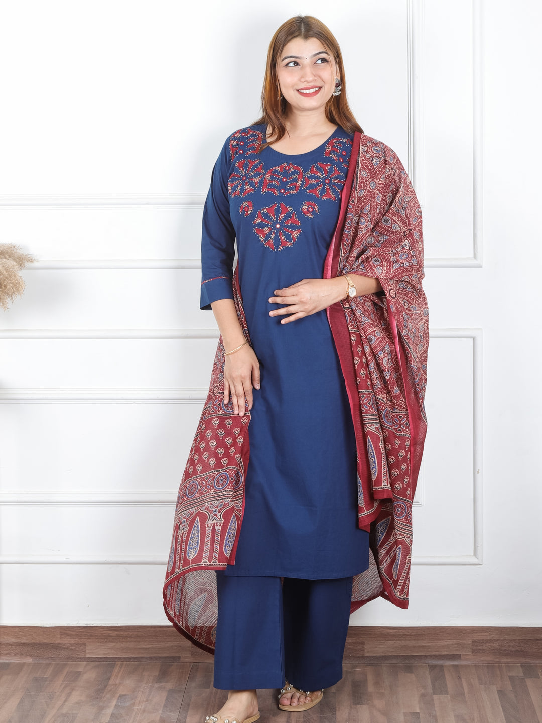 Sanskriti Prussian Blue Applique Printed Patch Work on Neck Cotton 3 PIece Set