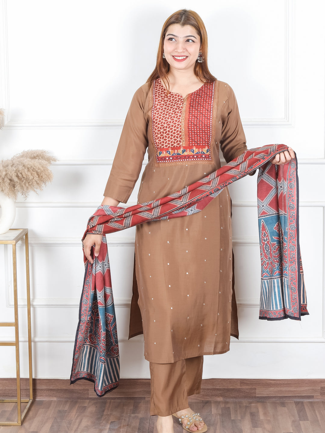 Arya Hazel Brown Printed Patch with Patra Work Detailing Modal 3 Piece Set D2