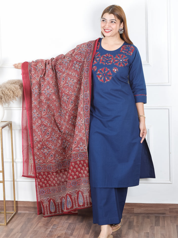 Sanskriti Prussian Blue Applique Printed Patch Work on Neck Cotton 3 PIece Set