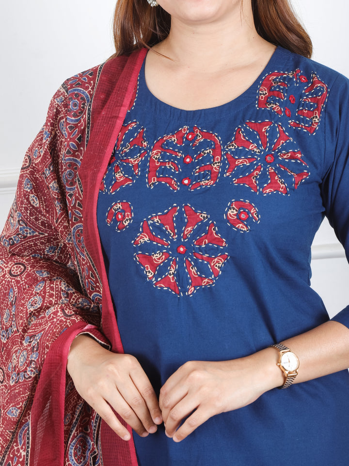 Sanskriti Prussian Blue Applique Printed Patch Work on Neck Cotton 3 PIece Set