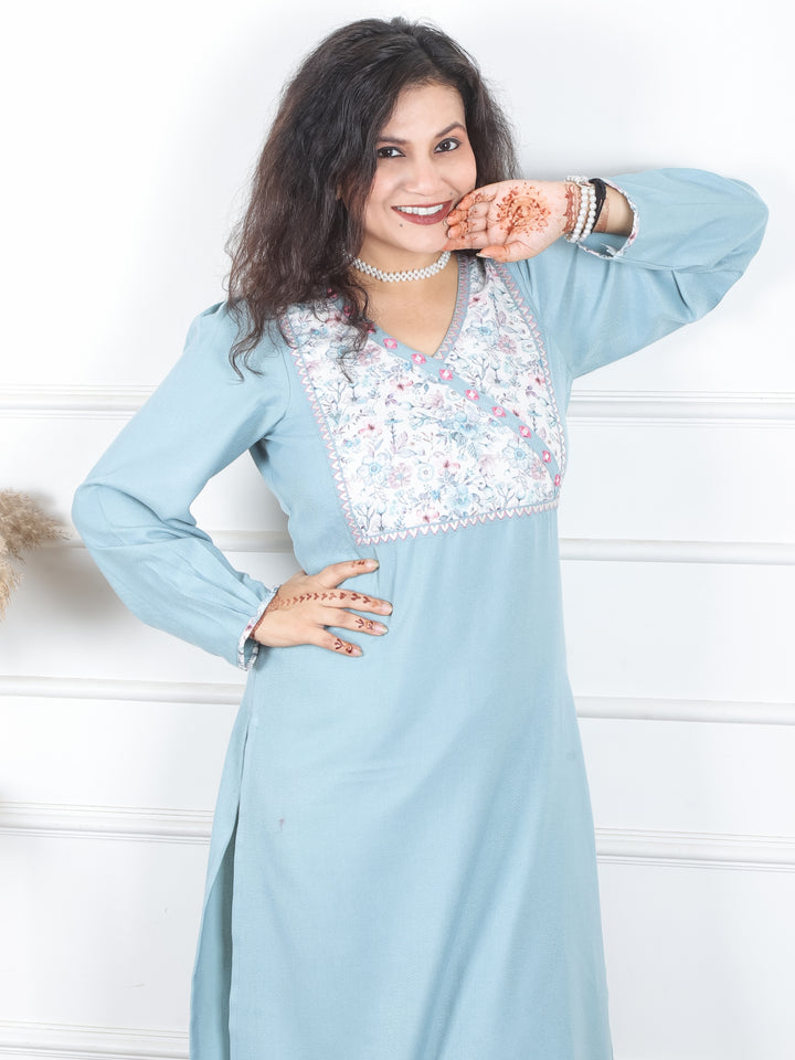 Heer Powder Blue Floral Patch with Mirror in Angrakha Neck Semi Pashmina Winter Kurti