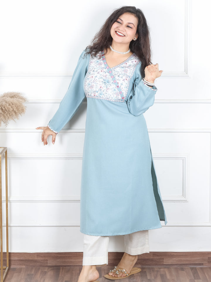 Heer Powder Blue Floral Patch with Mirror in Angrakha Neck Semi Pashmina Winter Kurti