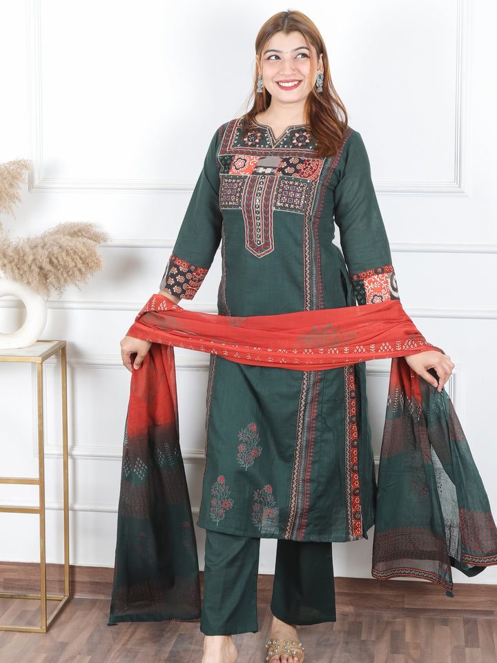 Swaroop Dark Green Embriodered Neck Patch Panel Cotton 3 Piece Set with Pocket