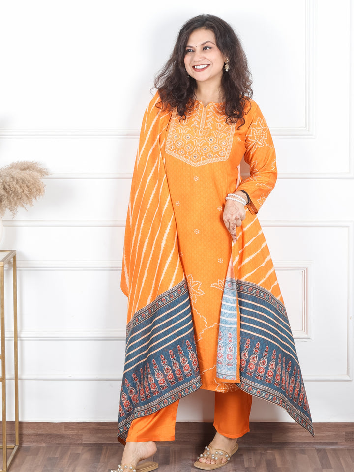 Arya Orange Moti and Kardana Work in Bandhani Print Yoke Muslin 3 PIece Set