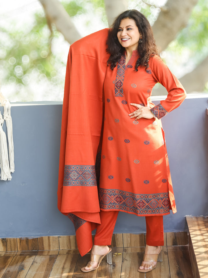 श्रीजा Rust Orange Ban Collar Kullu Thread Weaved Semi Pashmina Winter 3 Piece Set