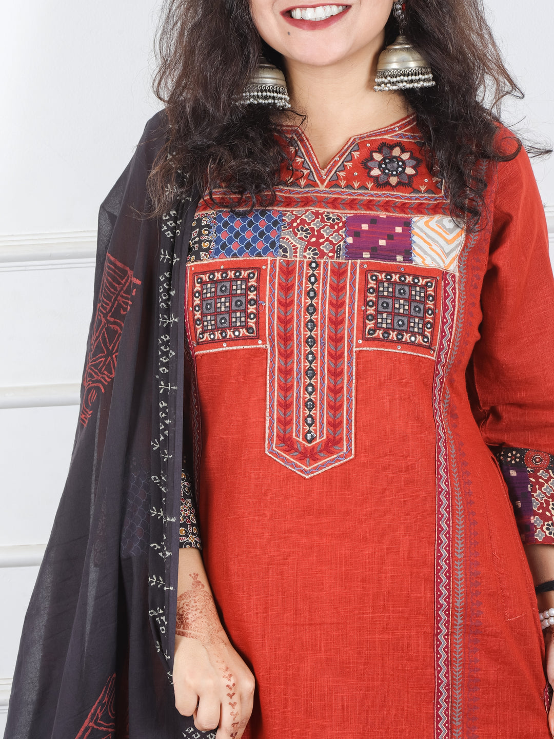 Swaroop Rust Orange Embriodered Neck Patch Panel Cotton 3 Piece Set with Pocket