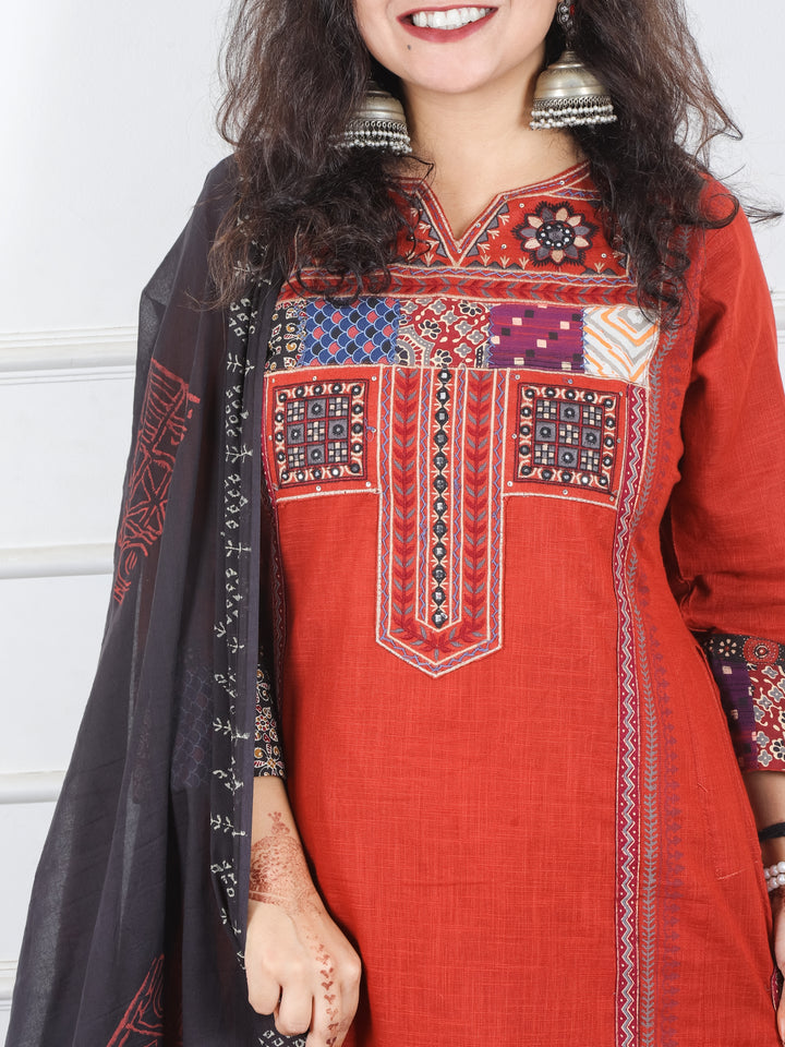 Swaroop Rust Orange Embriodered Neck Patch Panel Cotton 3 Piece Set with Pocket