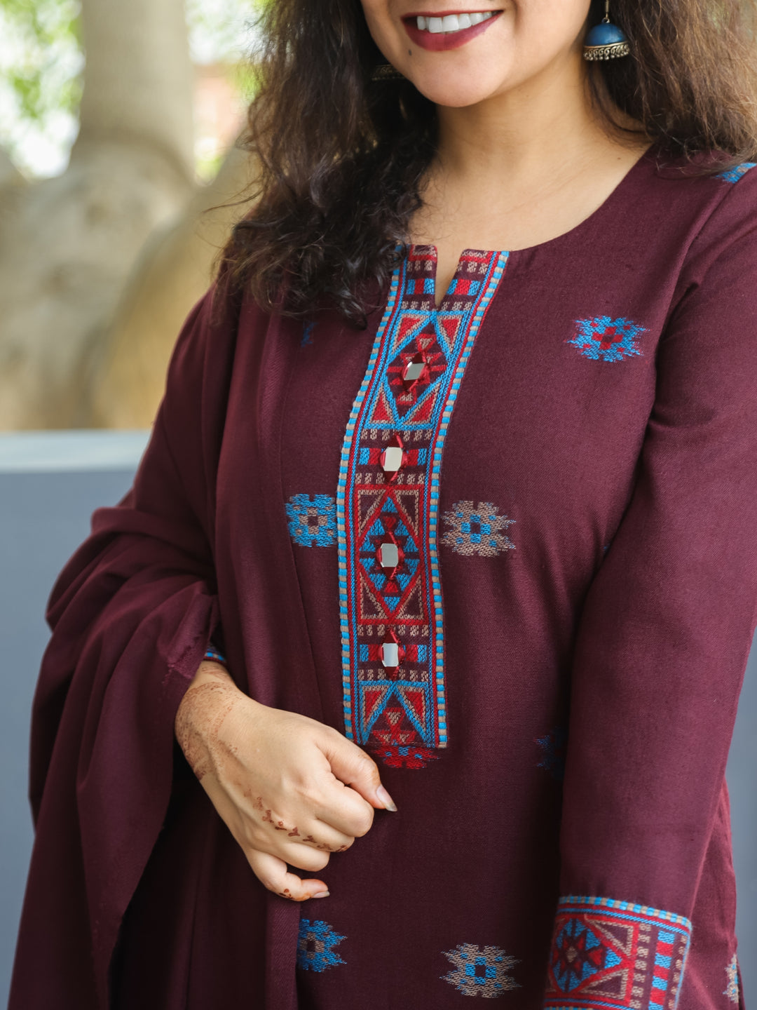 शैलजा Burgundy Wine Round Neck Kullu Thread Weaved Semi Pashmina Winter 3 Piece Set