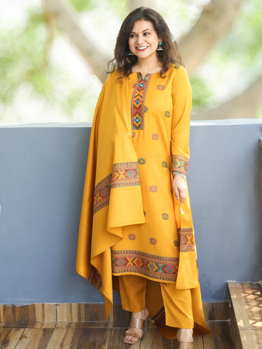 शैलजा Dijon Yellow Round Neck Kullu Thread Weaved Semi Pashmina Winter 3 Piece Set