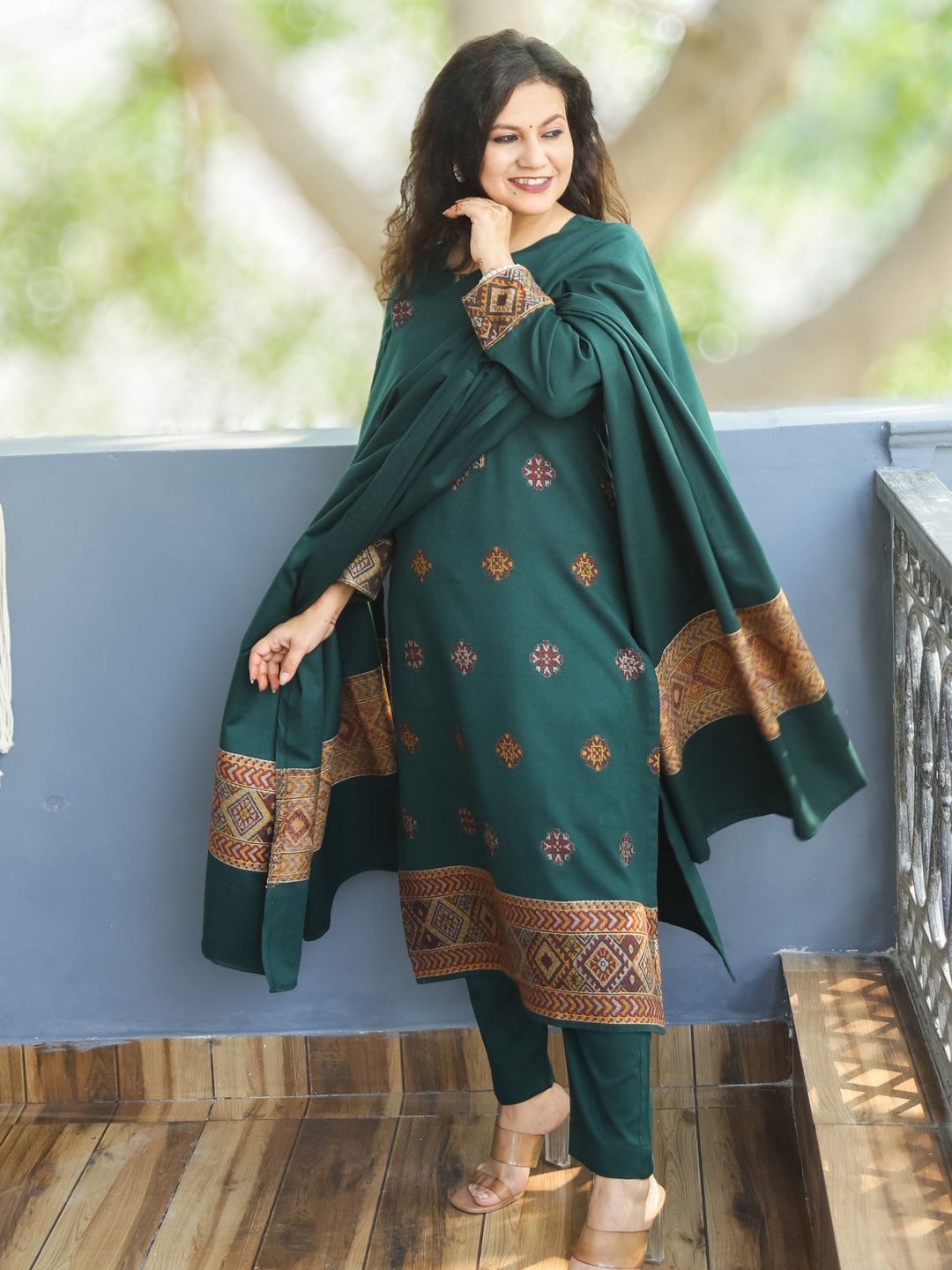 शैलजा Dark Green Round Neck Kullu Thread Weaved Semi Pashmina Winter 3 Piece Set