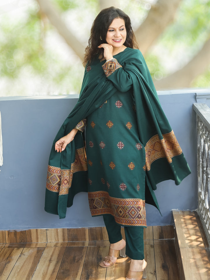 शैलजा Dark Green Round Neck Kullu Thread Weaved Semi Pashmina Winter 3 Piece Set