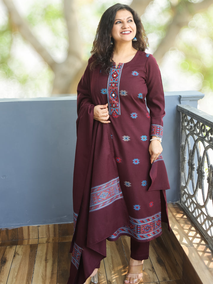 शैलजा Burgundy Wine Round Neck Kullu Thread Weaved Semi Pashmina Winter 3 Piece Set