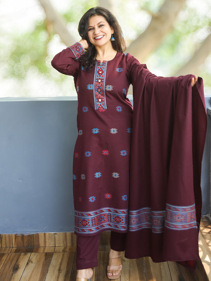 शैलजा Burgundy Wine Round Neck Kullu Thread Weaved Semi Pashmina Winter 3 Piece Set