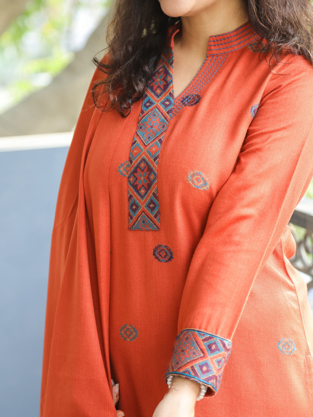 श्रीजा Rust Orange Ban Collar Kullu Thread Weaved Semi Pashmina Winter 3 Piece Set