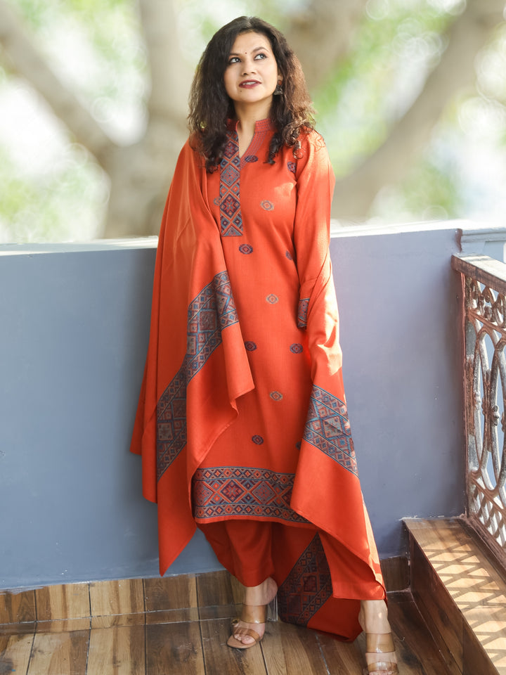 श्रीजा Rust Orange Ban Collar Kullu Thread Weaved Semi Pashmina Winter 3 Piece Set
