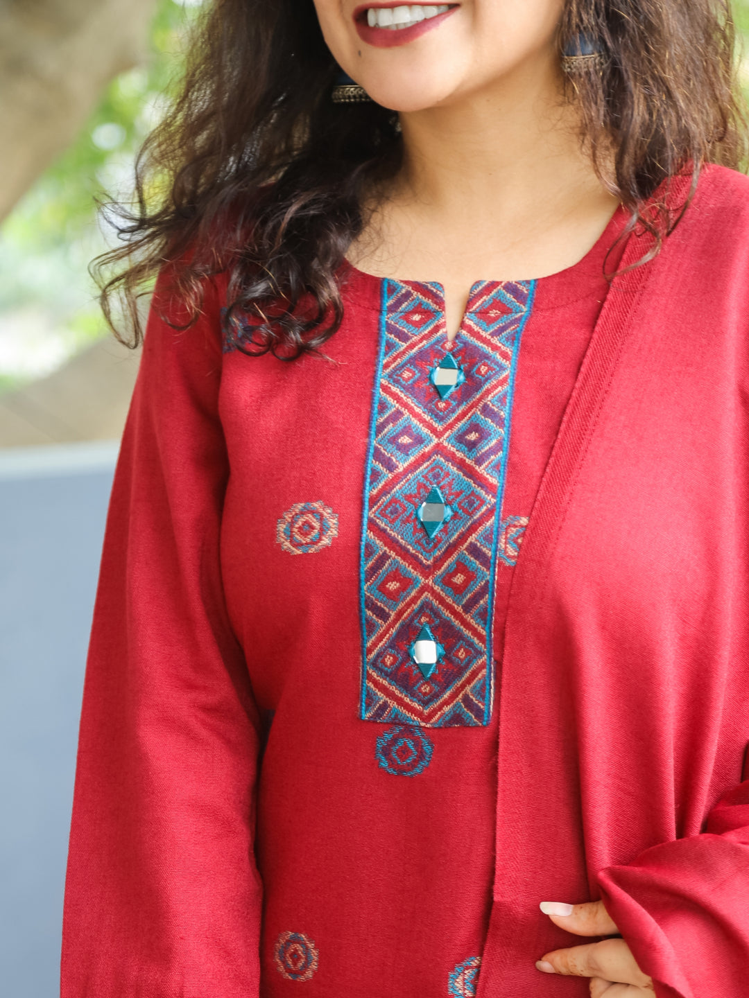 शैलजा Berry Red Round Neck Kullu Thread Weaved Semi Pashmina Winter 3 Piece Set