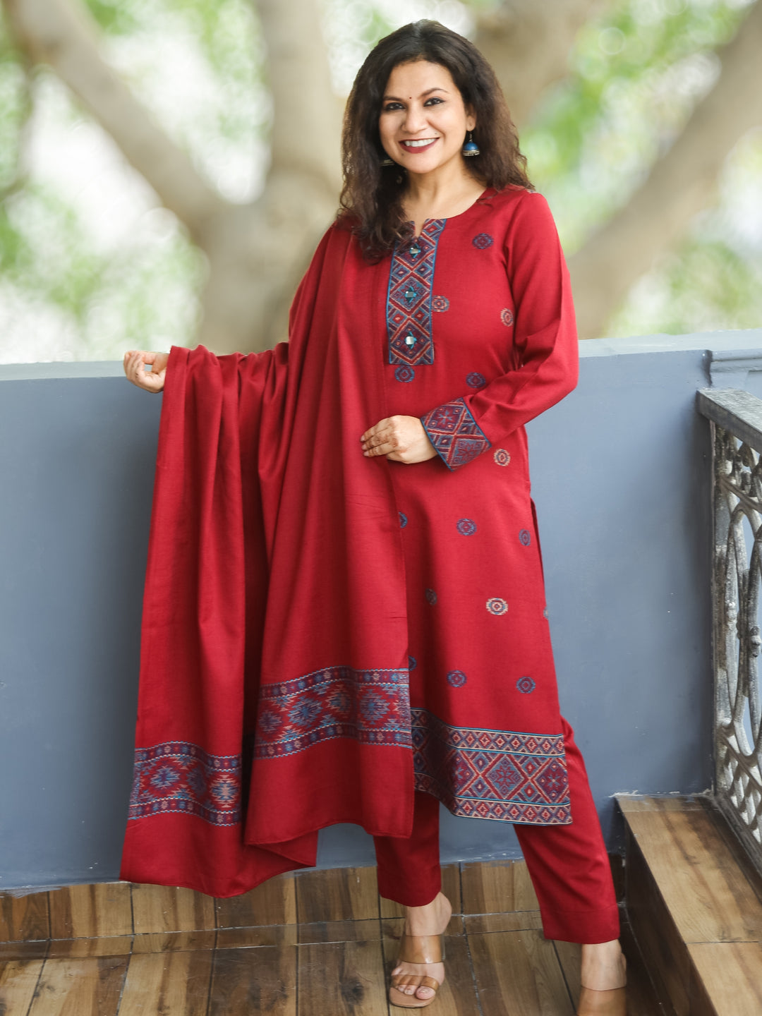 शैलजा Berry Red Round Neck Kullu Thread Weaved Semi Pashmina Winter 3 Piece Set
