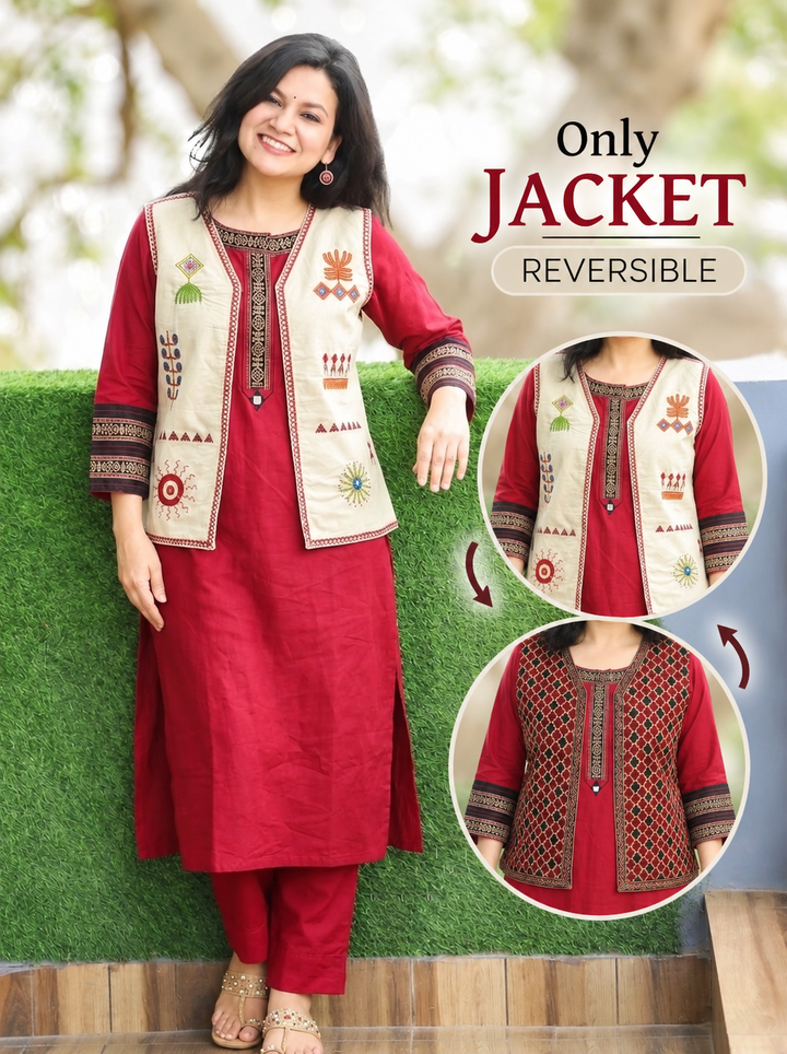 Sara White Beige Embroidered Reversible Cotton Jacket