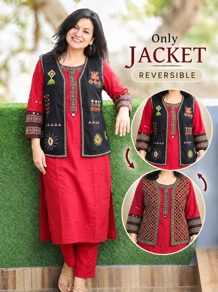 Sara Black Embroidered Reversible Cotton Jacket