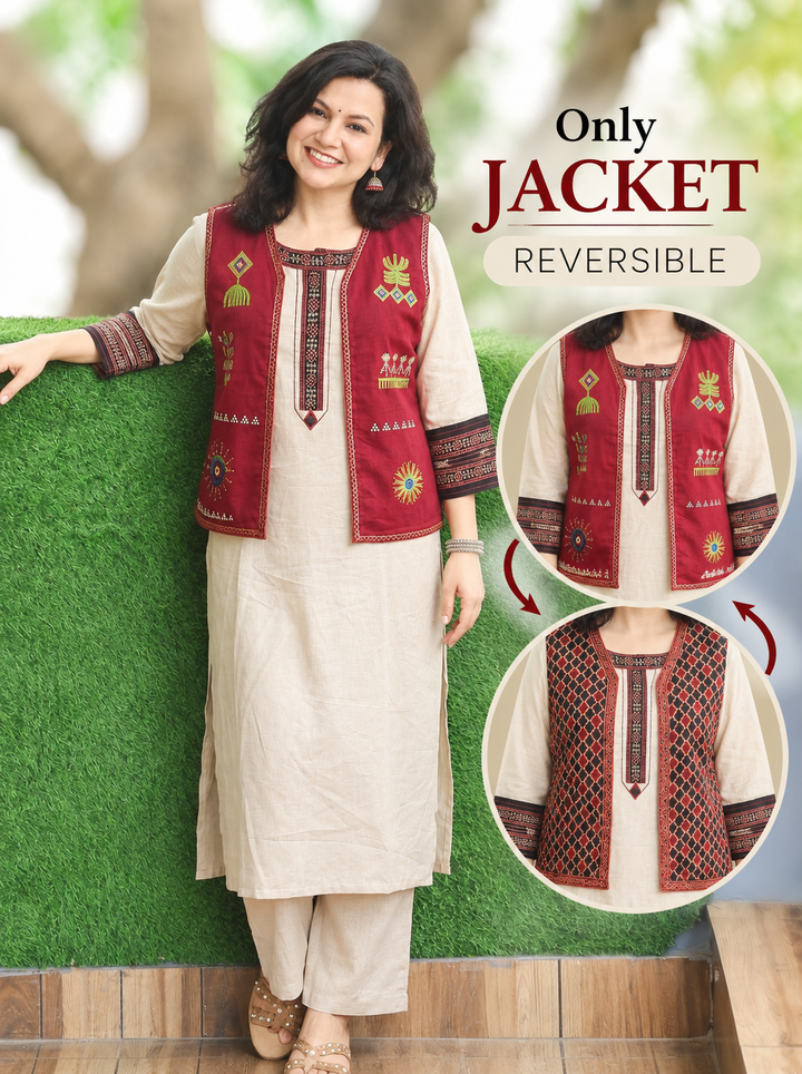 Sara Maroon Embroidered Reversible Cotton Jacket