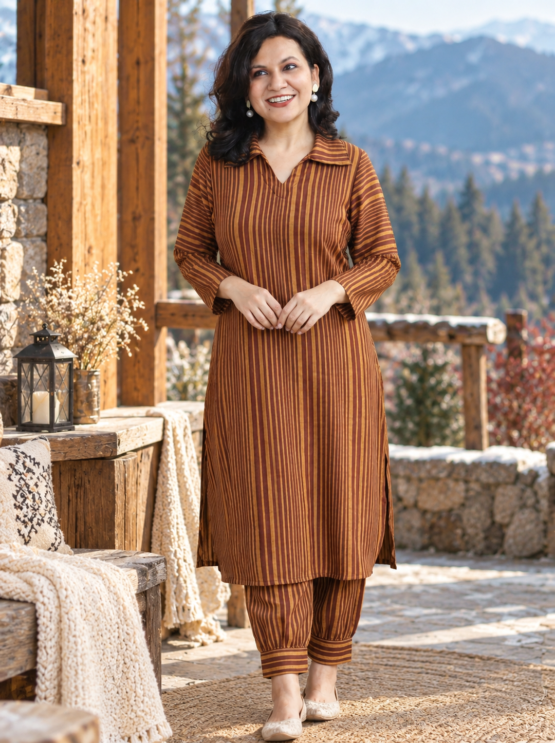 Chehak Burnt Rust Stripe Print Winter Twill Co-ord Set