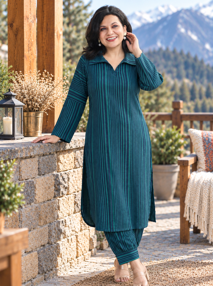 Chehak Cerulean Blue Stripe Print Winter Twill Co-ord Set