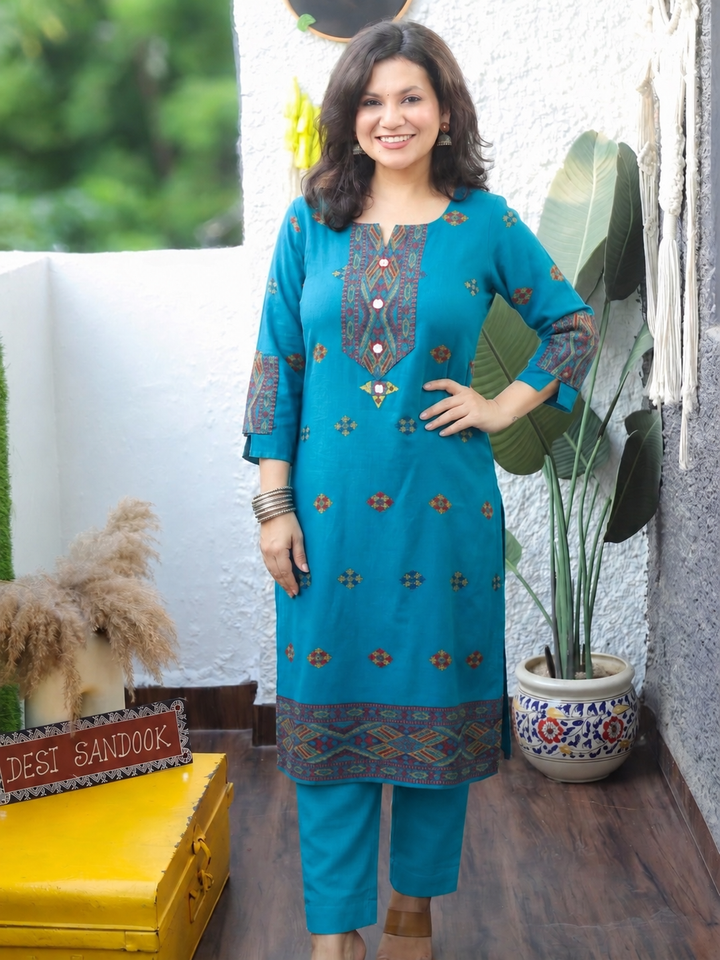 Shachi Aqua Blue Mirror Work Kullu Semi Woolen Winter Kurti