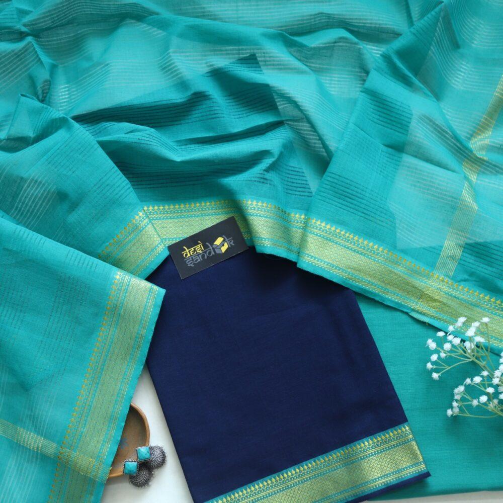 Denim Blue South Cotton Top with Mangalgiri Hem with Jade Green Dupatta