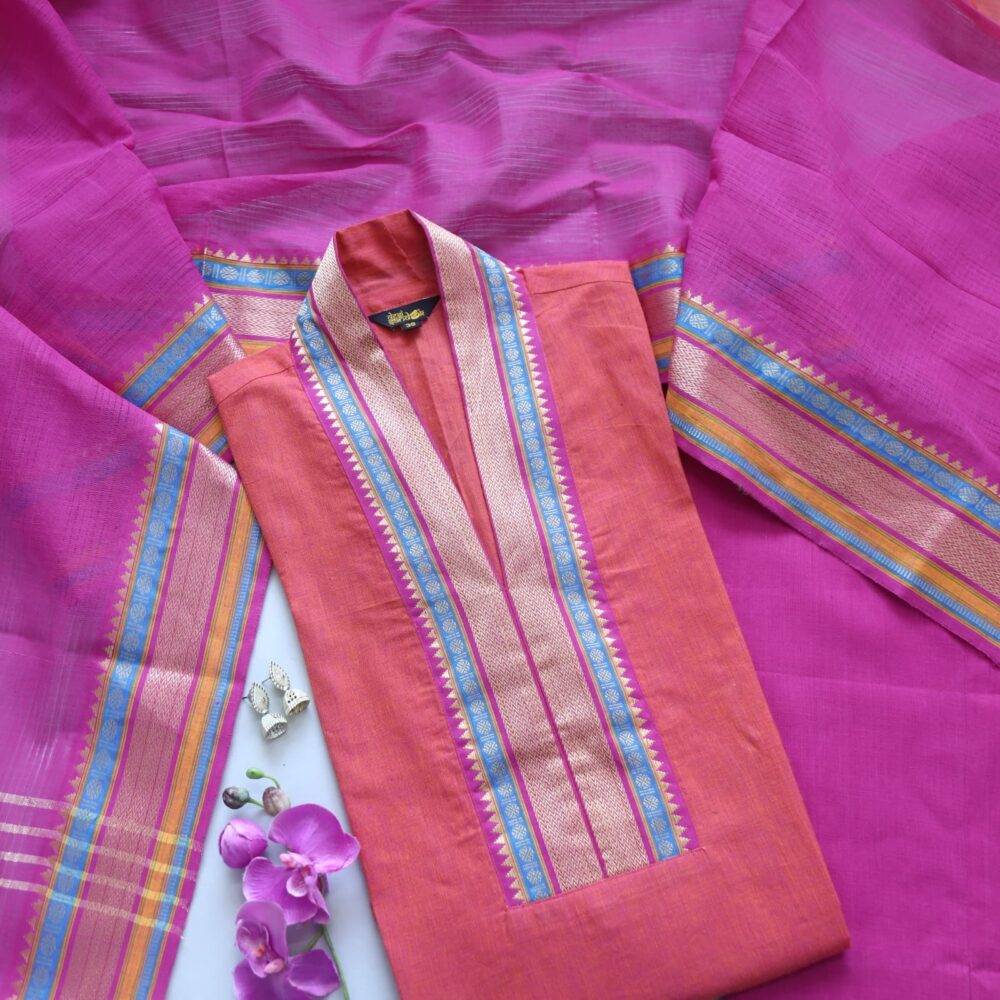 Pink and Magenta South Cotton Top with Mangalgiri Hem 3 Piece Set
