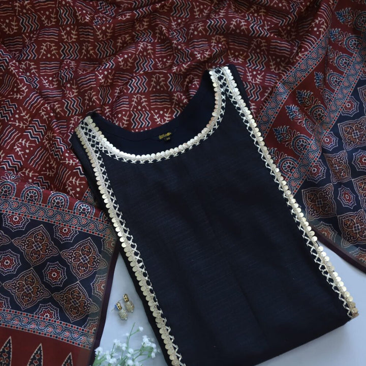 Black Mahi Silk Kurta And Chanderi silk  Dupatta Set (NO BOTTOM)