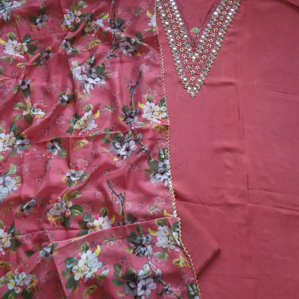 Rouge Pink Cotton Silk Top with Stole Style Organza Dupatta