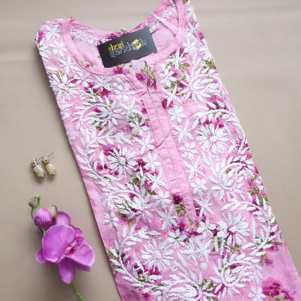 Flamingo Pink Floral Printed Chikankari Work Cotton Kurti