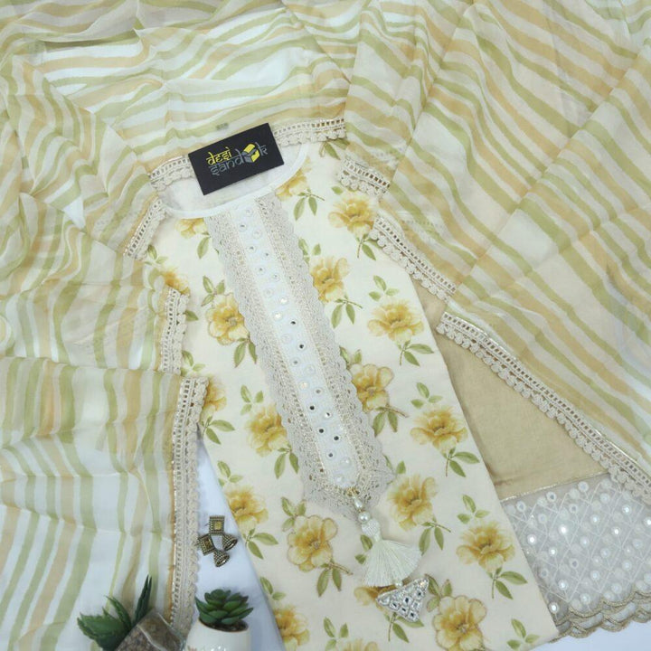 Offwhite and Yellow 3 Piece Set with Chiffon Digital Printed Dupatta
