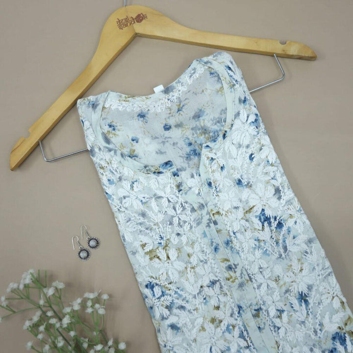 Ceruleon Blue Printed Chikankari Kurti