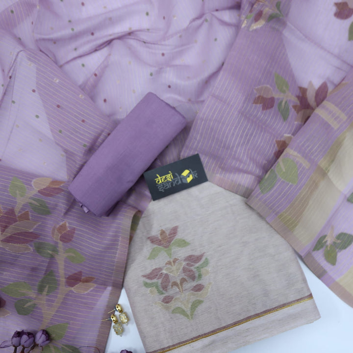 Light Purple Authentic Jamdani Weaved Top with Purple Stripe Weaved Dupatta Set