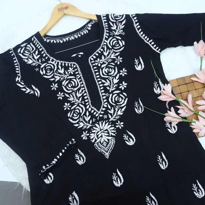 Black Rayon Chikankari Work Kurti