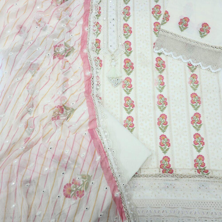 Offwhite Schiffli Work Pakistani Suit with Chiffon Dupatta Set