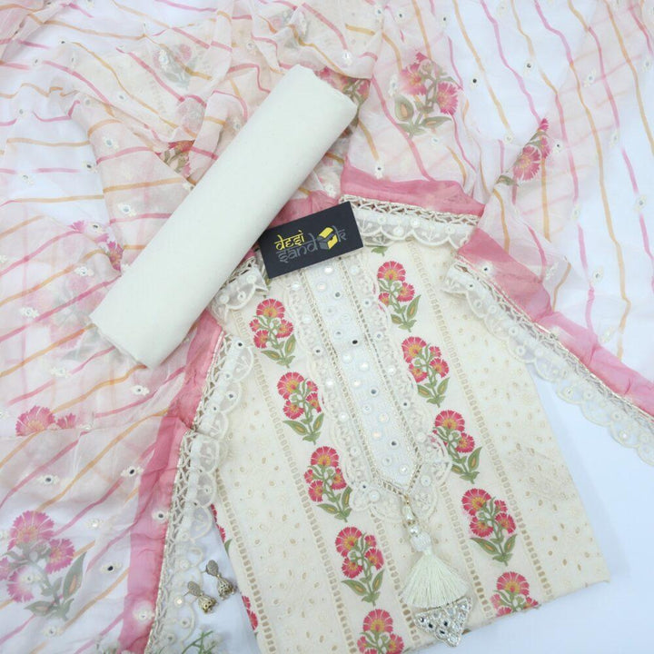 Offwhite Schiffli Work Pakistani Suit with Chiffon Dupatta Set