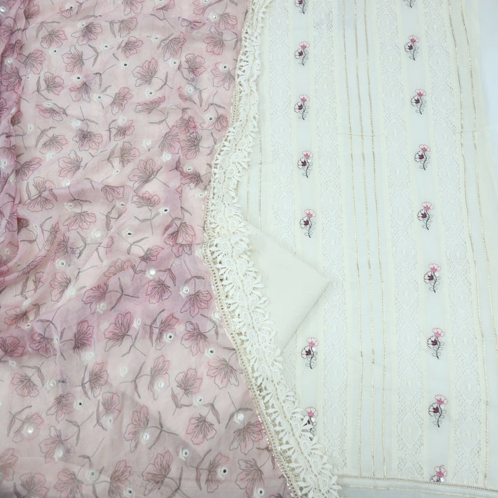 Offwhite Crochet Work Pakistani Suit with Mauve Chiffon Dupatta Set