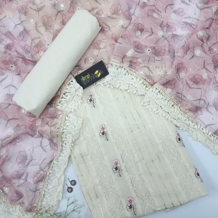 Offwhite Crochet Work Pakistani Suit with Mauve Chiffon Dupatta Set