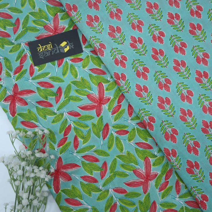 Leaf Green Cotton Screen Printed with Printed 2 Piece Fabric